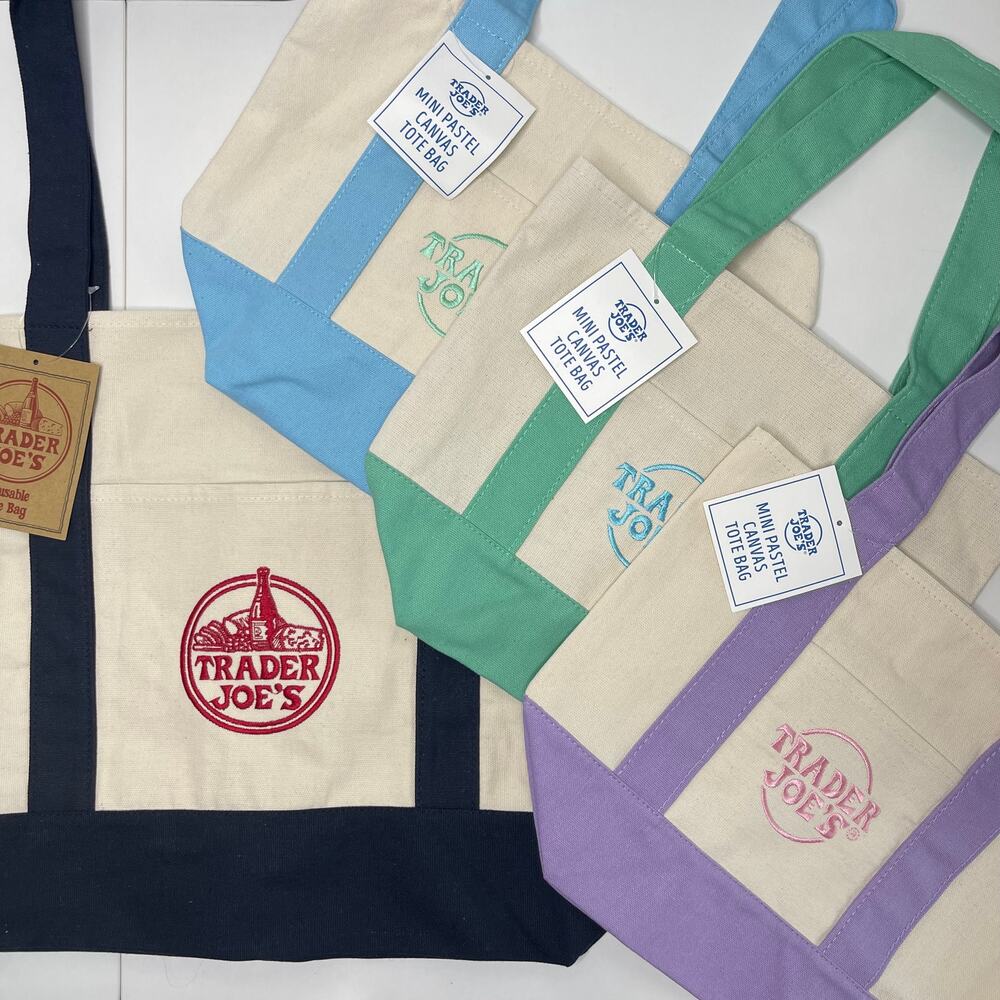 Set of 4 — Trader Joe’s Canvas Tote Bags — Large Size NAVY BLUE + Mini PASTELS!